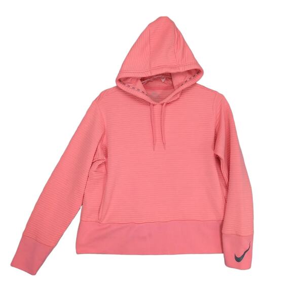 NIKE Women's M Dri-Fit Coral Pink Cropped Pullover Hoodie Sweatshirt Bubble Rib - Picture 1 of 5
